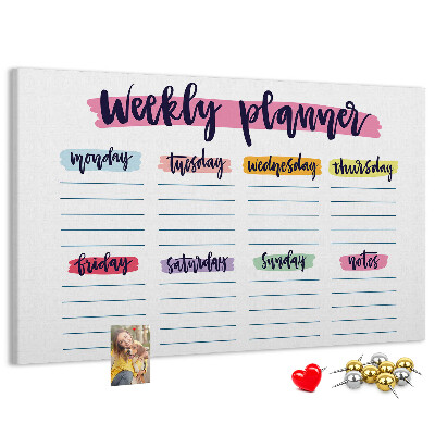 Tablero de corcho decorativo agenda semanal con detalles coloridos