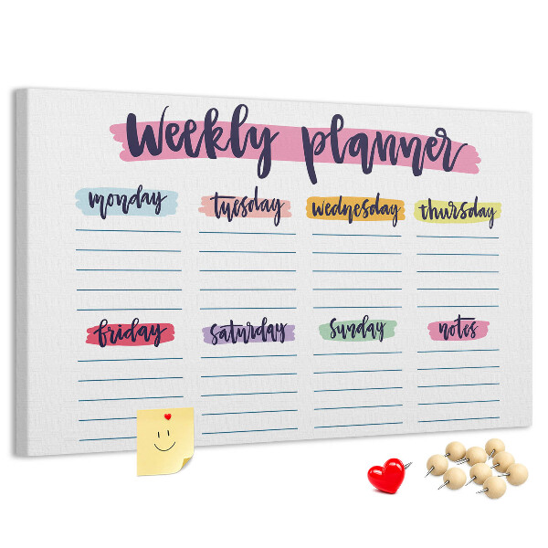 Tablero de corcho decorativo agenda semanal con detalles coloridos