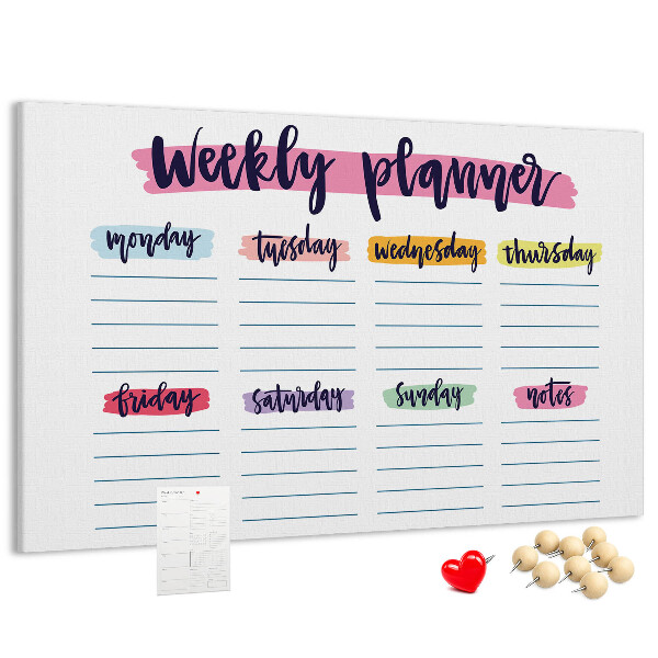 Tablero de corcho decorativo agenda semanal con detalles coloridos