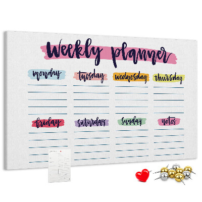 Tablero de corcho decorativo agenda semanal con detalles coloridos