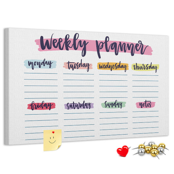 Tablero de corcho decorativo agenda semanal con detalles coloridos