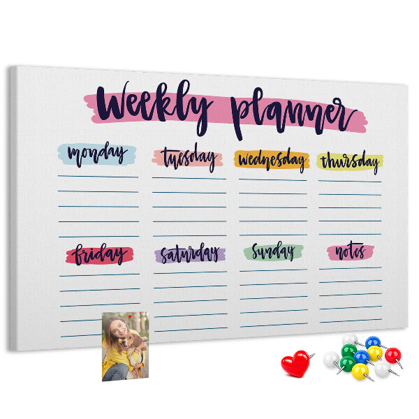 Tablero de corcho decorativo agenda semanal con detalles coloridos