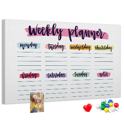 Tablero de corcho decorativo agenda semanal con detalles coloridos