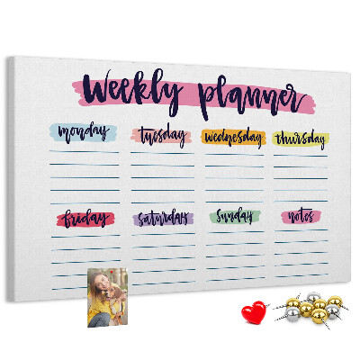 Tablero de corcho decorativo agenda semanal con detalles coloridos