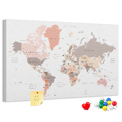 Pizarra de corcho Un mapa del mundo en colores apagados.