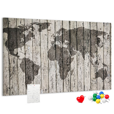 Tablero de corcho decorativo diseño de mapamundi sobre fondo de tablas de madera