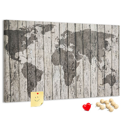 Tablero de corcho decorativo diseño de mapamundi sobre fondo de tablas de madera