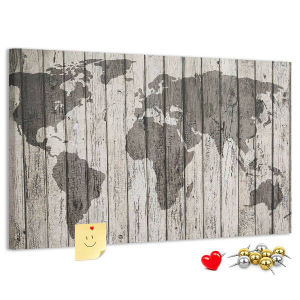 Tablero de corcho decorativo diseño de mapamundi sobre fondo de tablas de madera
