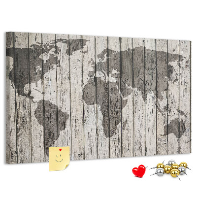 Tablero de corcho decorativo diseño de mapamundi sobre fondo de tablas de madera