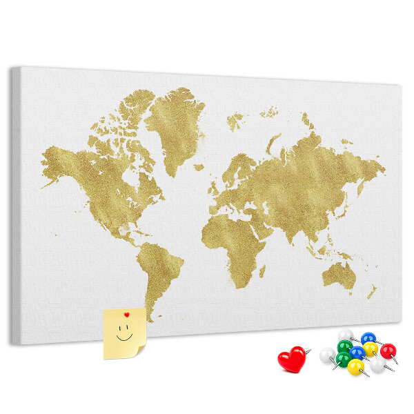 Tablero de corcho decorativo mapa del mundo dorado sobre fondo blanco