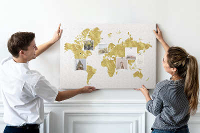 Tablero de corcho decorativo mapa del mundo dorado sobre fondo blanco