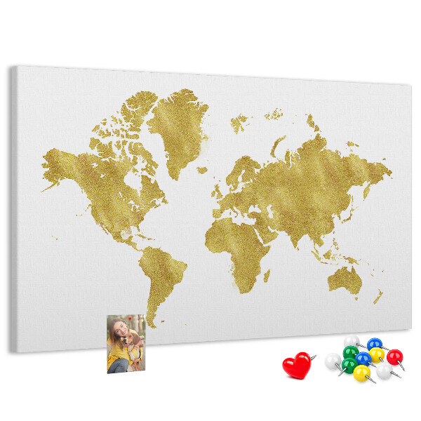 Tablero de corcho decorativo mapa del mundo dorado sobre fondo blanco
