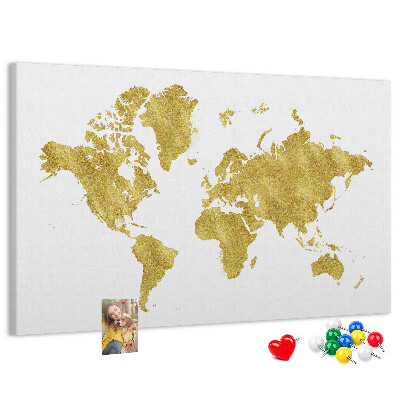 Tablero de corcho decorativo mapa del mundo dorado sobre fondo blanco