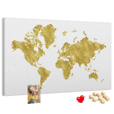 Tablero de corcho decorativo mapa del mundo dorado sobre fondo blanco