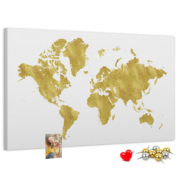 Tablero de corcho decorativo mapa del mundo dorado sobre fondo blanco
