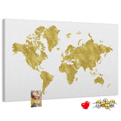 Tablero de corcho decorativo mapa del mundo dorado sobre fondo blanco