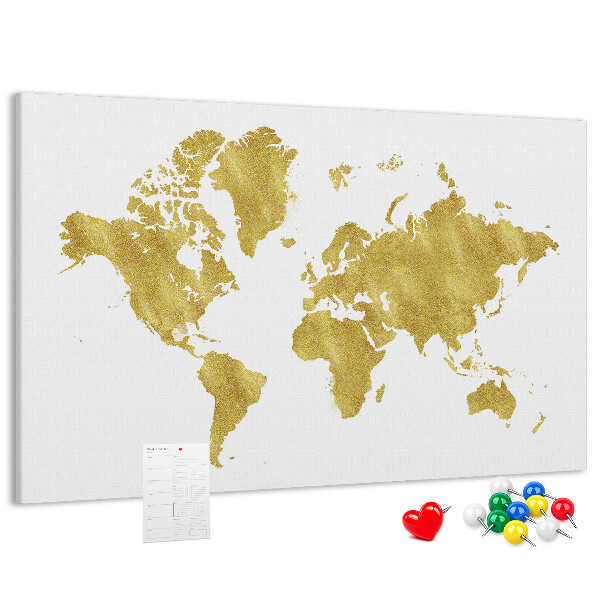 Tablero de corcho decorativo mapa del mundo dorado sobre fondo blanco