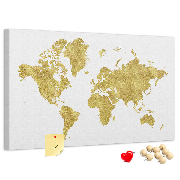 Tablero de corcho decorativo mapa del mundo dorado sobre fondo blanco