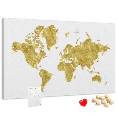 Tablero de corcho decorativo mapa del mundo dorado sobre fondo blanco