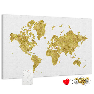 Tablero de corcho decorativo mapa del mundo dorado sobre fondo blanco