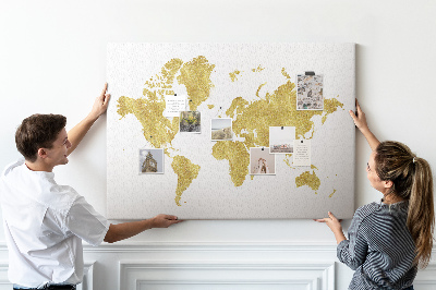 Tablero de corcho decorativo mapa del mundo dorado sobre fondo blanco