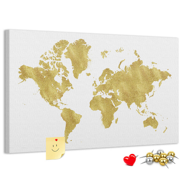 Tablero de corcho decorativo mapa del mundo dorado sobre fondo blanco