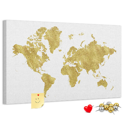 Tablero de corcho decorativo mapa del mundo dorado sobre fondo blanco