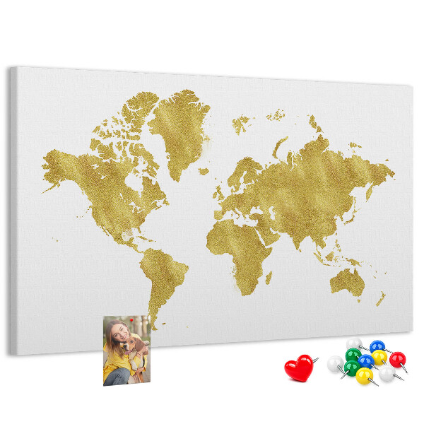 Tablero de corcho decorativo mapa del mundo dorado sobre fondo blanco