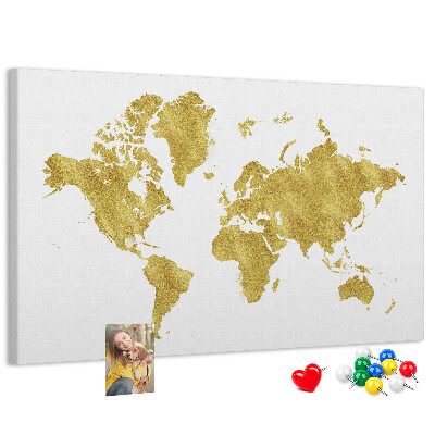 Tablero de corcho decorativo mapa del mundo dorado sobre fondo blanco