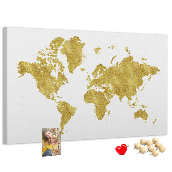 Tablero de corcho decorativo mapa del mundo dorado sobre fondo blanco