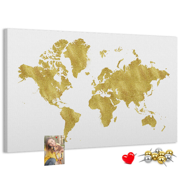 Tablero de corcho decorativo mapa del mundo dorado sobre fondo blanco