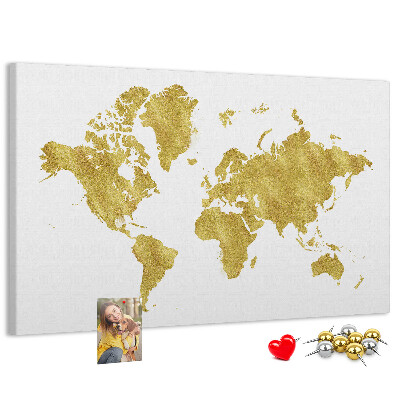 Tablero de corcho decorativo mapa del mundo dorado sobre fondo blanco