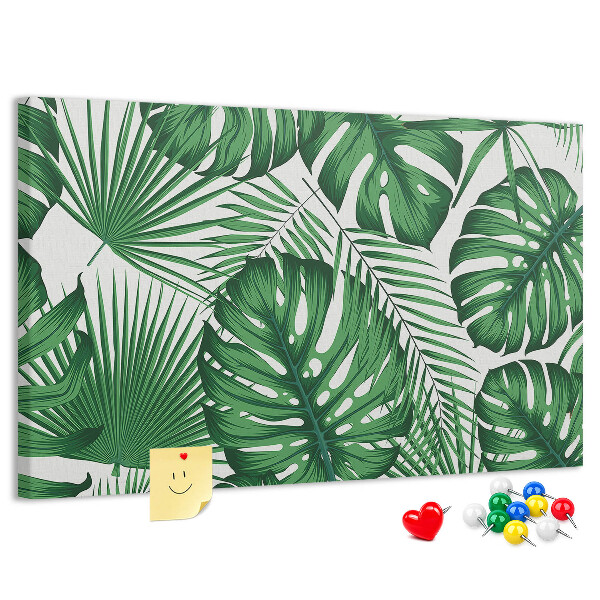 Pizarra de corcho con diseño de hojas de plantas tropicales verdes