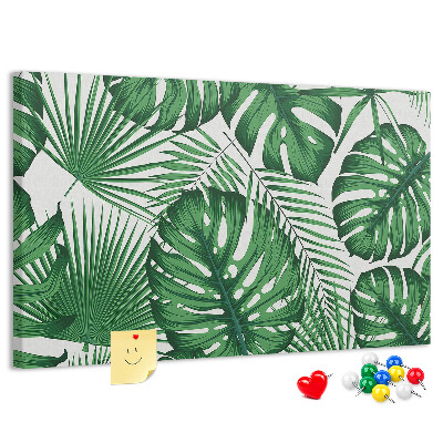 Pizarra de corcho con diseño de hojas de plantas tropicales verdes