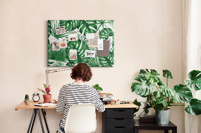 Pizarra de corcho con diseño de hojas de plantas tropicales verdes