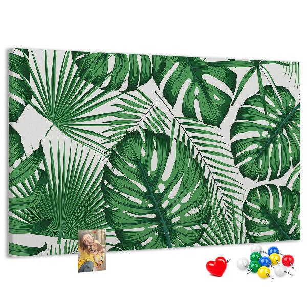 Pizarra de corcho con diseño de hojas de plantas tropicales verdes