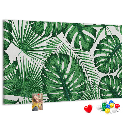 Pizarra de corcho con diseño de hojas de plantas tropicales verdes