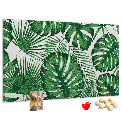 Pizarra de corcho con diseño de hojas de plantas tropicales verdes