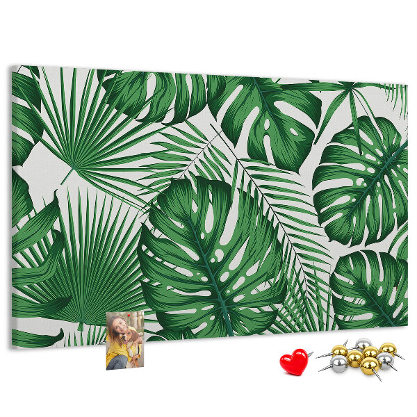 Pizarra de corcho con diseño de hojas de plantas tropicales verdes
