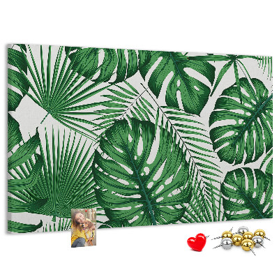 Pizarra de corcho con diseño de hojas de plantas tropicales verdes