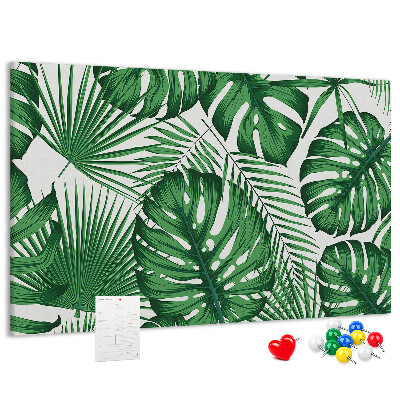 Pizarra de corcho con diseño de hojas de plantas tropicales verdes