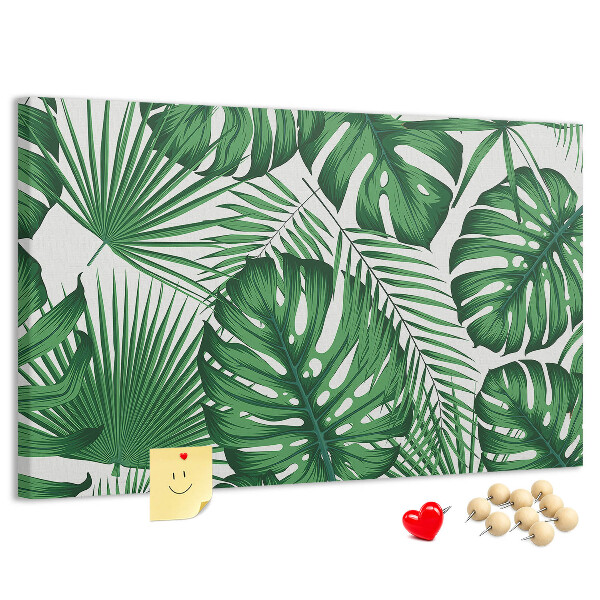 Pizarra de corcho con diseño de hojas de plantas tropicales verdes