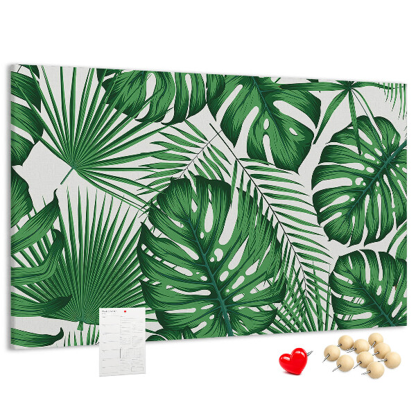 Pizarra de corcho con diseño de hojas de plantas tropicales verdes