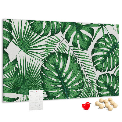 Pizarra de corcho con diseño de hojas de plantas tropicales verdes