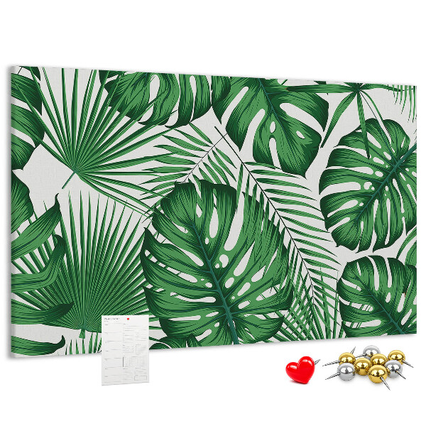 Pizarra de corcho con diseño de hojas de plantas tropicales verdes