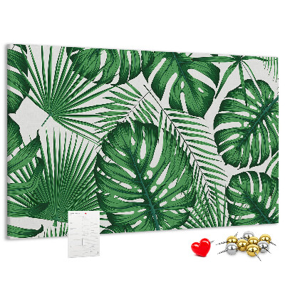 Pizarra de corcho con diseño de hojas de plantas tropicales verdes