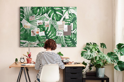 Pizarra de corcho con diseño de hojas de plantas tropicales verdes