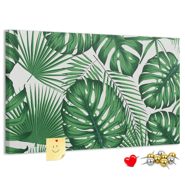 Pizarra de corcho con diseño de hojas de plantas tropicales verdes