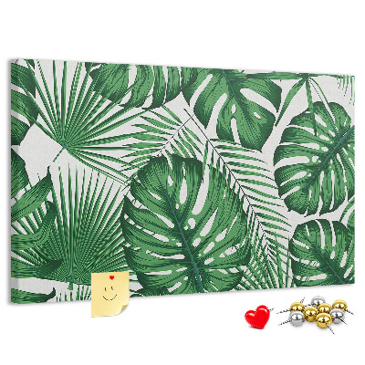 Pizarra de corcho con diseño de hojas de plantas tropicales verdes