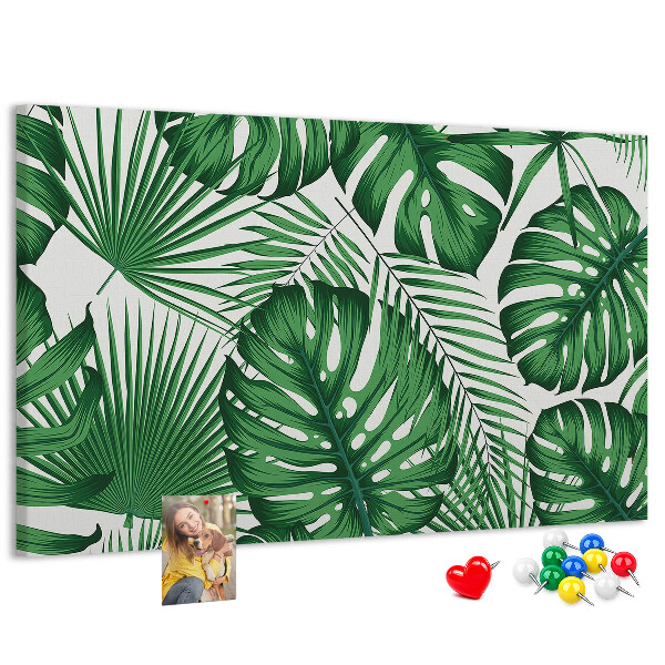 Pizarra de corcho con diseño de hojas de plantas tropicales verdes